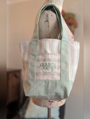 Trader Joe's Mint Green Striped Canvas Tote Bag